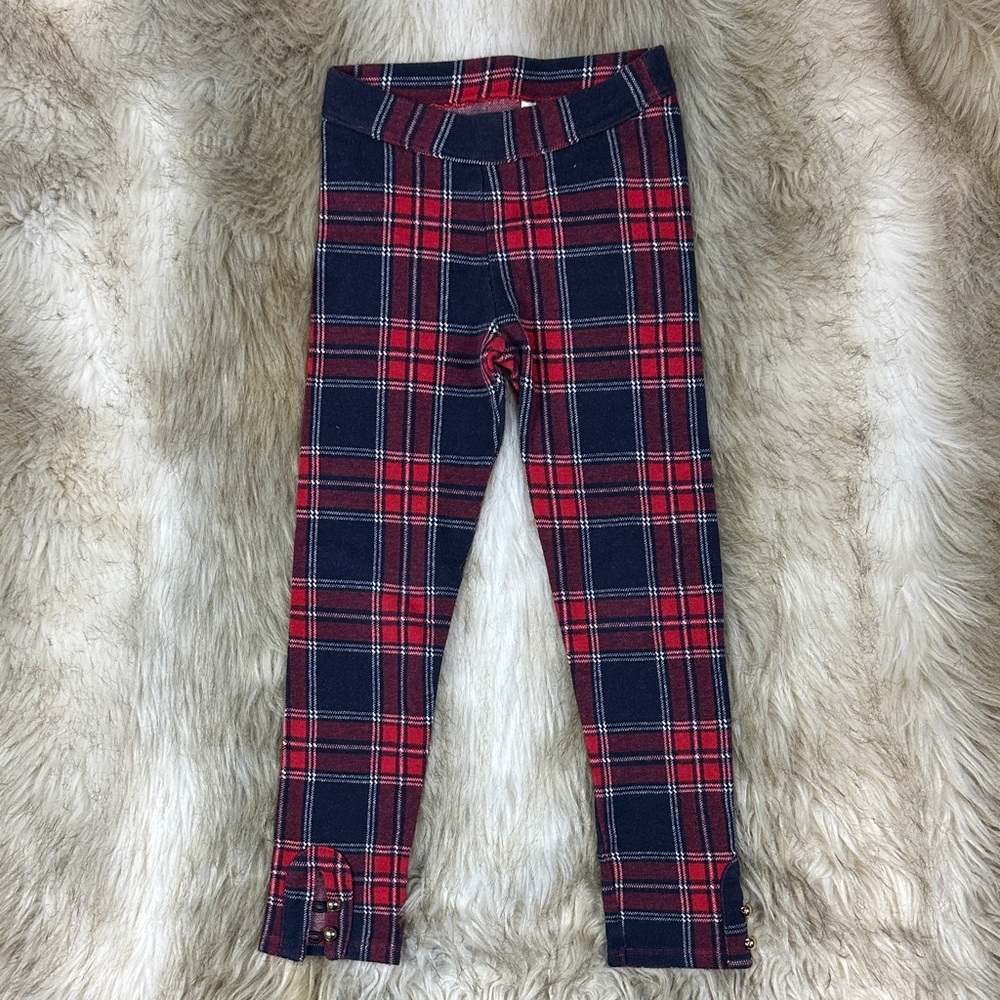 Janie and Jack Girls Size 6 Red Navy Plaid Leggings Gold Buttons